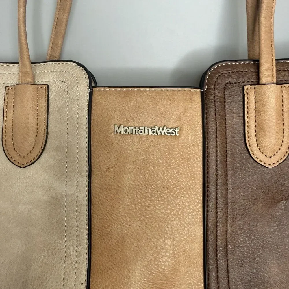 Montana West Tri-Color Cream Tan Brown Tote Vegan Leather Purse Zip Close Studde